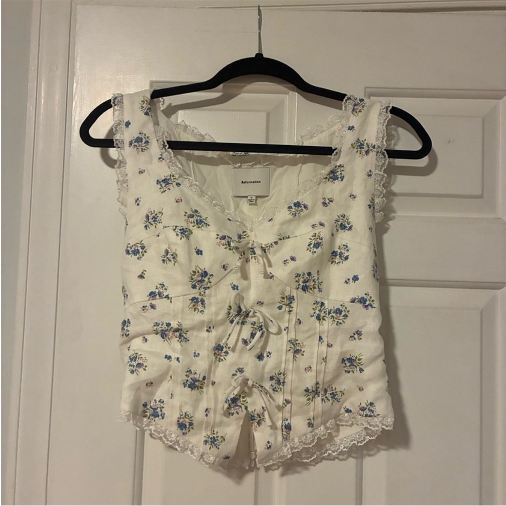 Reformation Cream Floral Lace-Trimmed Camisole with Blue Flowers
